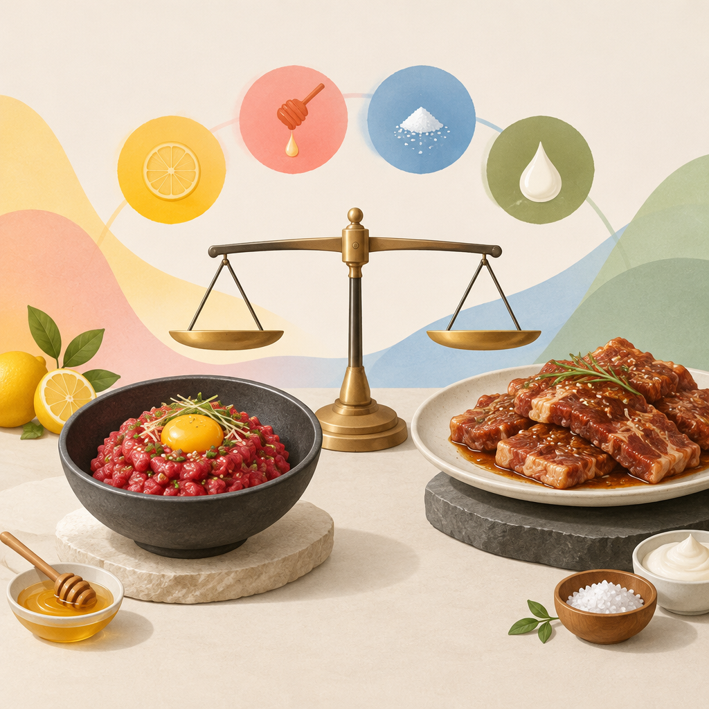 AI 생성 설명 이미지: 안산일동맛집 유니드정육식당 | 육회와 양념돼지갈비의 산미 균형 읽기